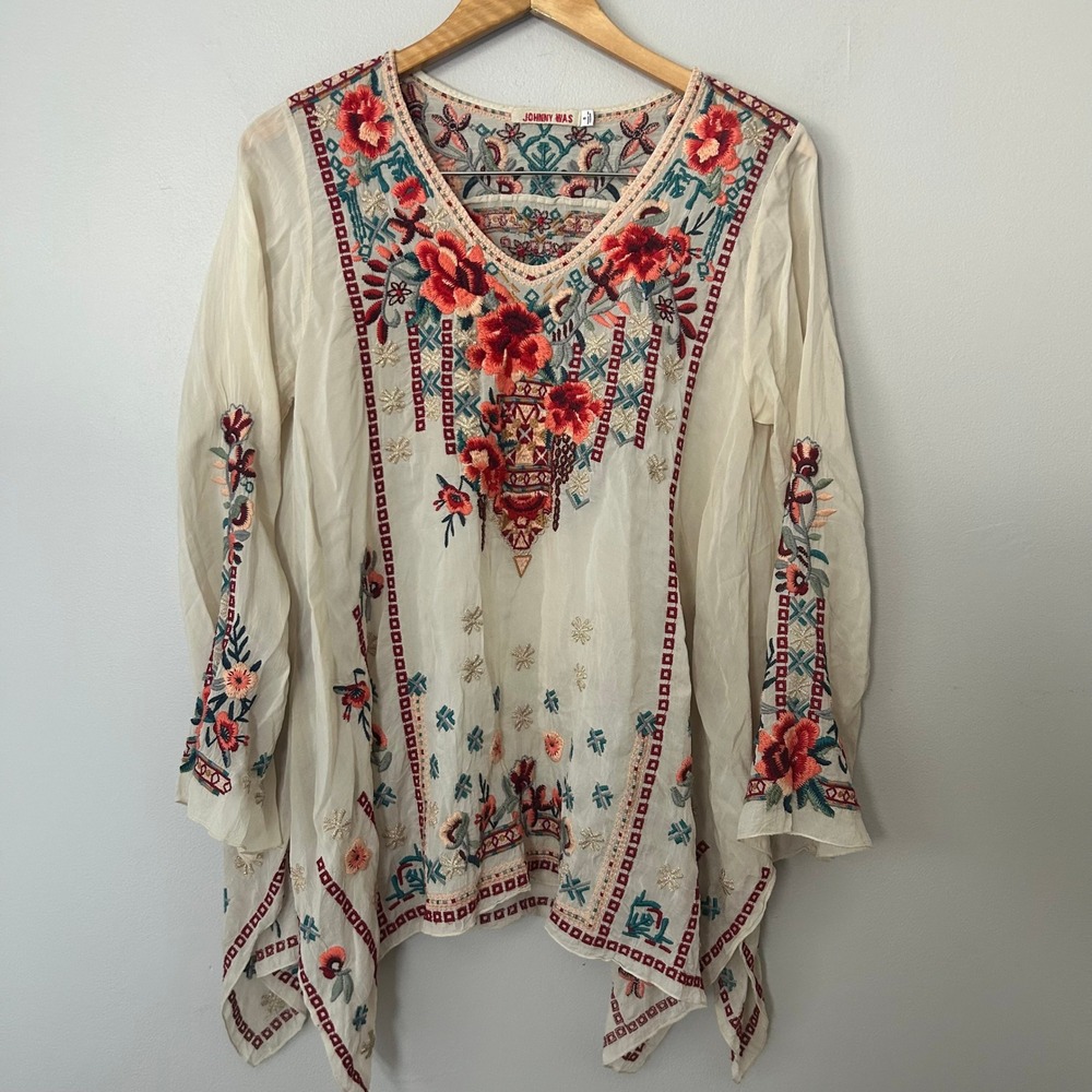 Johnny Was Blouse Women S Cream Floral Embroidered Boho V Neck Sharkbite Tunic